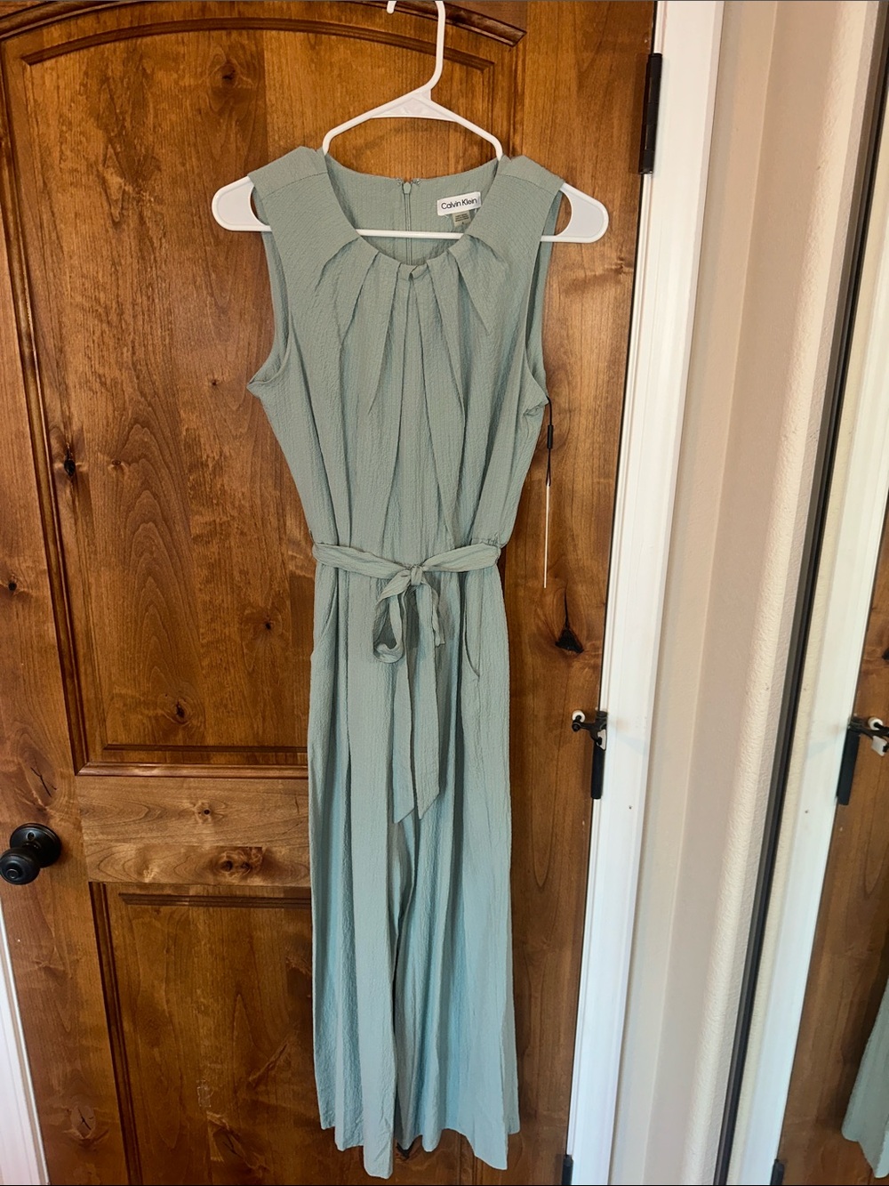 Calvin Klein Sleeveless Sage Green Tie-Waist Jumpsuit